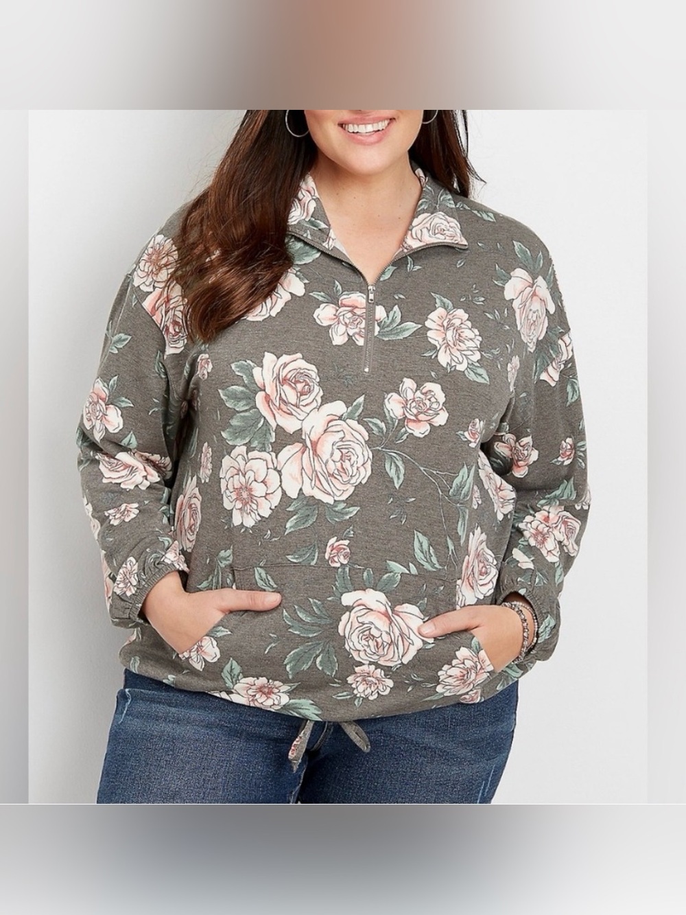 Sz 0X L/XL Maurices Olive Floral Quarter-Zip Pullover Hoodie